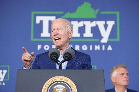 President Joe Biden participates in a campaign event for Virginia gubernatorial candidate Terry McAuliffe