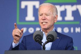 President Joe Biden participates in a campaign event for Virginia gubernatorial candidate Terry McAuliffe