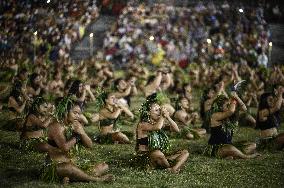 Traditional dance at welcome ceremony for President Macron in Hiva Oa