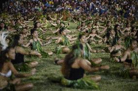 Traditional dance at welcome ceremony for President Macron in Hiva Oa
