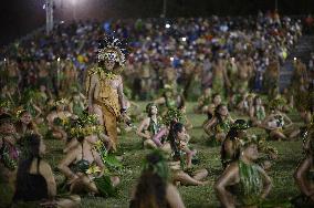 Traditional dance at welcome ceremony for President Macron in Hiva Oa