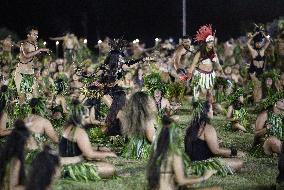 Traditional dance at welcome ceremony for President Macron in Hiva Oa