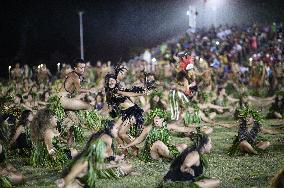 Traditional dance at welcome ceremony for President Macron in Hiva Oa