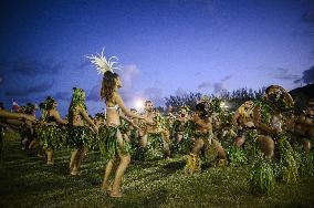 Traditional dance at welcome ceremony for President Macron in Hiva Oa