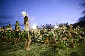 Traditional dance at welcome ceremony for President Macron in Hiva Oa