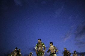 Traditional dance at welcome ceremony for President Macron in Hiva Oa