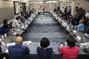 Vice President Kamala Harris speaks while meeting with Texas legislators