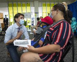 Justin Trudeau Visits Vaccination Clinic - Montreal