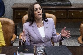 US Vice President Kamala Harris attends a roundtable meeting on voting rights