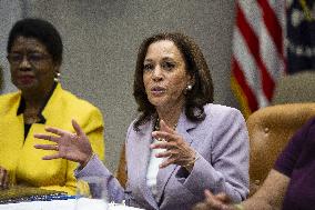 US Vice President Kamala Harris attends a roundtable meeting on voting rights