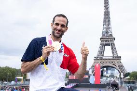 France gold medalists foil fencing team at the fan zone of the Trocadero - Paris