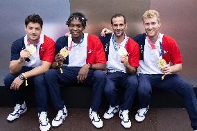 France gold medalists foil fencing team at the fan zone of the Trocadero - Paris