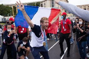 France gold medalists foil fencing team at the fan zone of the Trocadero - Paris
