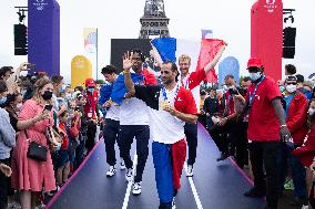 France gold medalists foil fencing team at the fan zone of the Trocadero - Paris