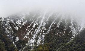 Mt. Daisen covered with season's 1st snow