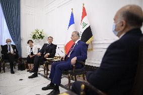 Emmanuel Macron and Irakian Prime Minister Moustafa Al-Kazimi make a statement to the press - Bagdad