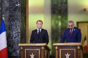 Emmanuel Macron and Irakian Prime Minister Moustafa Al-Kazimi make a statement to the press - Bagdad