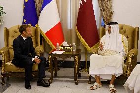 French President Emmanuel Macron meets with Qatars Emir Sheikh Tamim al-Thani - Bagdhad