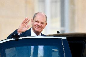Olaf Scholz Received At Elysee Palace - Paris