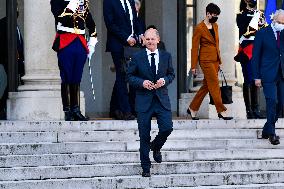 Olaf Scholz Received At Elysee Palace - Paris