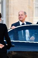 Olaf Scholz Received At Elysee Palace - Paris