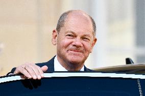 Olaf Scholz Received At Elysee Palace - Paris