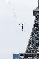 French highliner performs on slackline in Paris