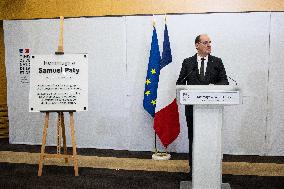 Unveiling of a memorial plaque at the Education ministry in tribute to Samuel Paty - Paris