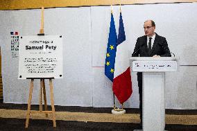 Unveiling of a memorial plaque at the Education ministry in tribute to Samuel Paty - Paris