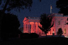 TheWhite House is illuminated in pink light in recognition of Breast Cancer Awareness Month