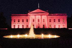 TheWhite House is illuminated in pink light in recognition of Breast Cancer Awareness Month