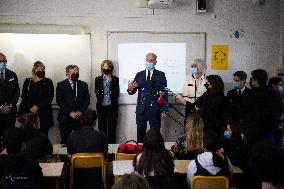 Jean-Michel Blanquer visits a high school on the eve of the national hommage for Samuel Paty - Paris