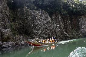 Boat tour around Doro gorge in western Japan