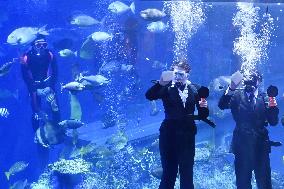 Welcome ceremony for new employees at Japan aquarium