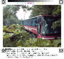 Sightseeing bus badly damaged in collision with military truck