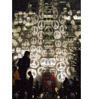 Peace symbols lit up at United Nations University in Tokyo