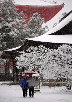 Snow-covered temple in Japan's Koyasan