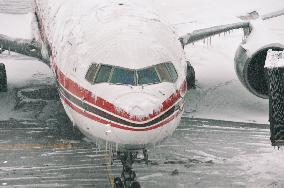 Icicles form on airplane in Beijing