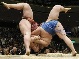 Sumo wrestlers' flips cause excitement