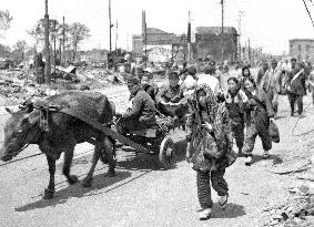 Civilians riding oxcart, walking through Tokyo during wartime