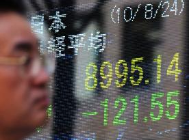 Nikkei ends below 9,000