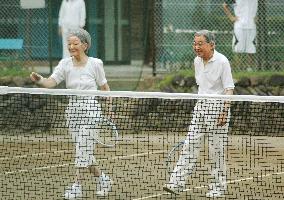 Emperor Akihito, Empress Michiko at tennis court in Karuizawa