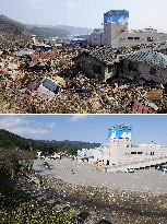 Disaster-hit Otsuchi in March and June