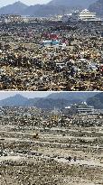 Disaster-hit Rikuzentakata in March and June