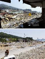 Disaster-hit Ofunato in March and June