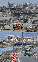 Disaster-hit Minamisanriku in March and June