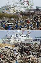 Disaster-hit Higashimatsushima in March and June