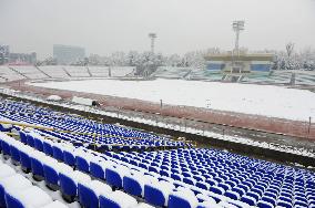 Dushanbe Central Stadium covered with snow