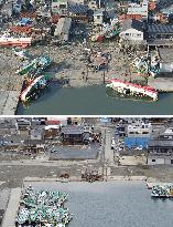 Fishing port soon after quake, now