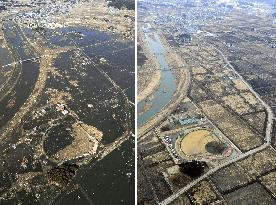 Baseball field soon after quake, now